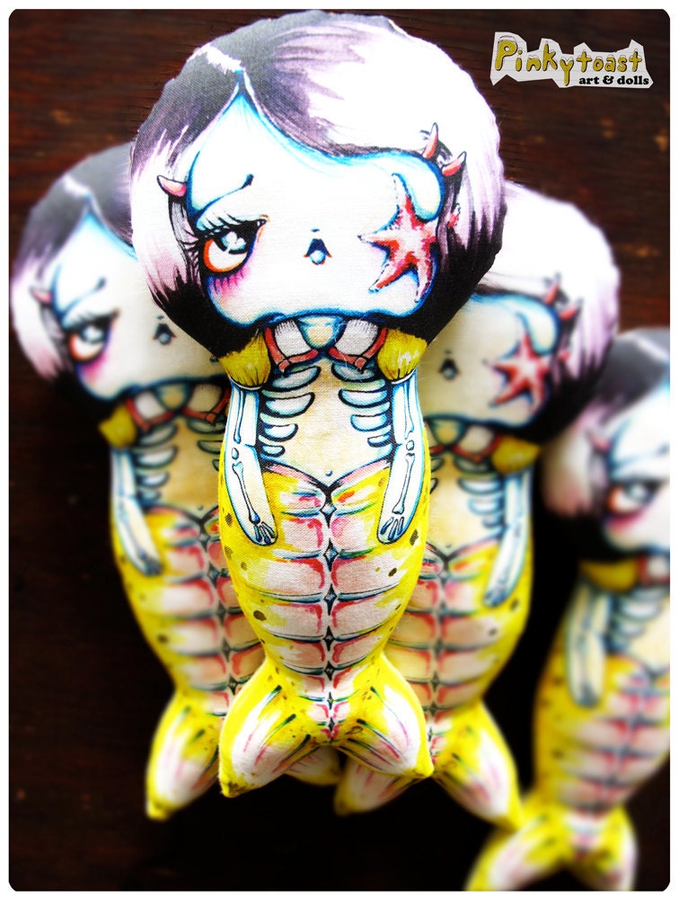 Tiny Mermaid Doll-Gothic Yellow Shrimp Cocktail Girl-Handmade Pinkytoast Art Doll