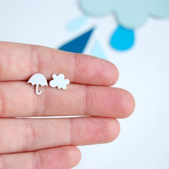 Cloud and Umbrella studs, in sterling silver