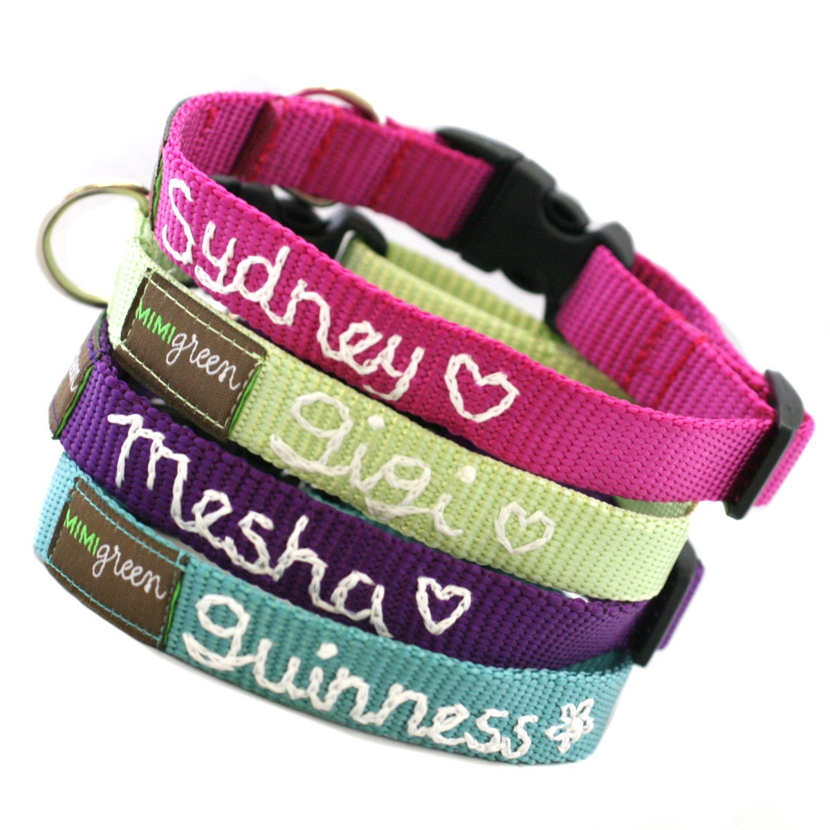 Personalized Webbing Dog Collar (17 colors to choose from) Hand Embroidered with your dog's name