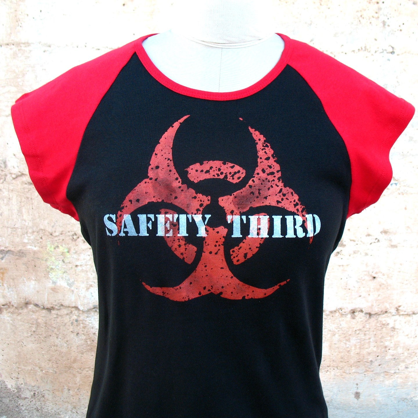 MUTANT BIOHAZARD Safety Third tshirt - Red and Black cap sleeve t-shirt with orange safety 3rd  M L XL  etsybrc