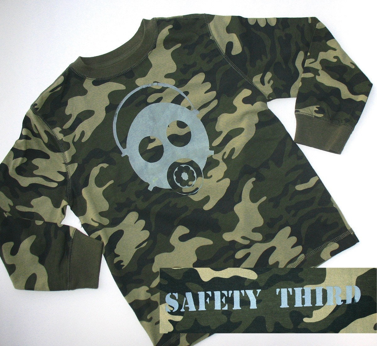 Gas Mask Safety Third BOYS tshirt - camo long sleeve shirt  small 6 8 children clothing one off OOAK kids clothing Safety 3rd