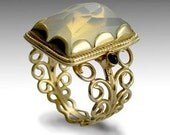 Cocktail ring - 14K yellow gold statement gemstone victorian ring set rose cut opalite and red garnets - Sunlight.