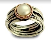 Engagement pearl ring - Sterling silver and rose gold ring inlaid a single pearl - Imagine life in peace