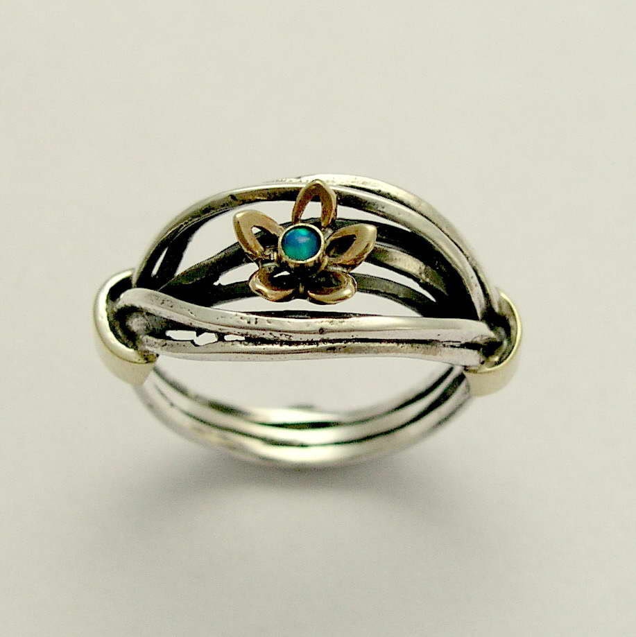 Sterling silver wrapped band mixed gold flower with a blue opal stone - Blue field.
