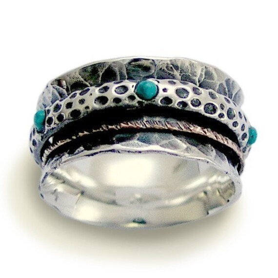 Sterling silver and yellow gold spinner with teal turquoises meditation ring - On the edge