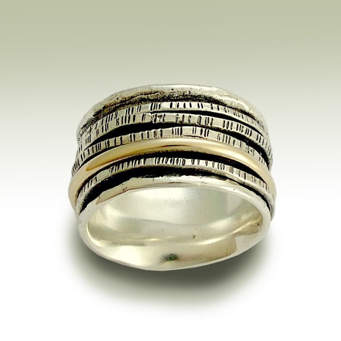 Sterling silver wedding band with silver and gold filled stacking ring spinners - Set me free