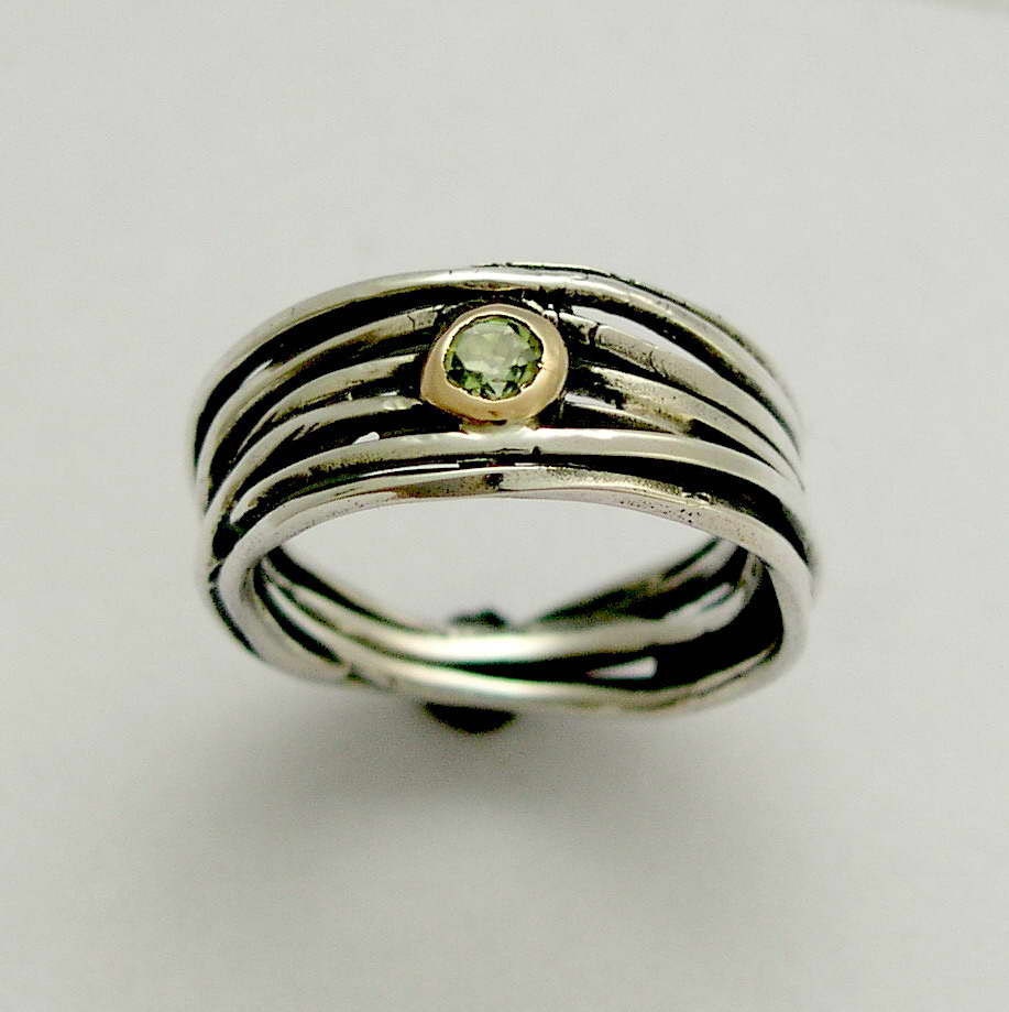 Gemstone ring - Sterling silver wrapped band mixed gold with a rose cut peridot - I love you so.