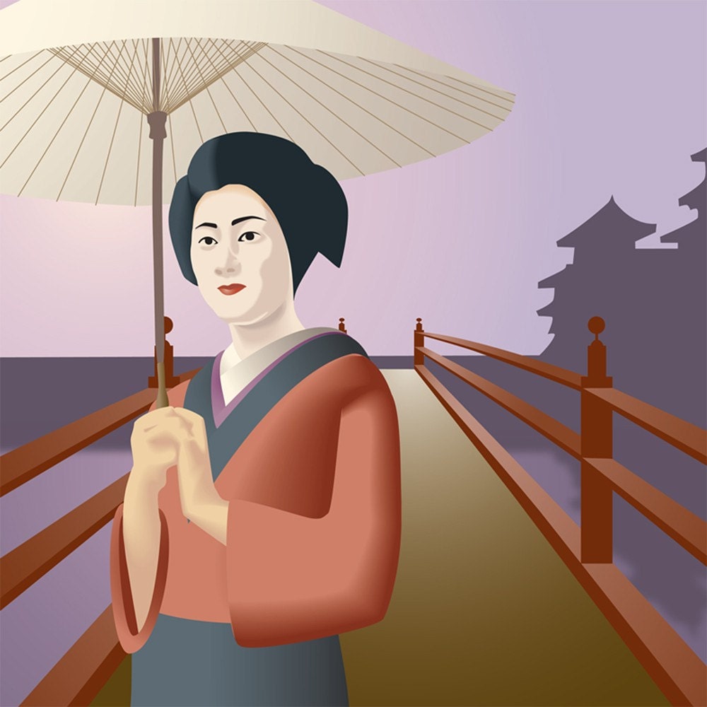 Geisha Kyoto, 8 x 10 Art Print Japan Digital Peaceful Temple Bridge Purple Lavendar Lilac Parasol Calm Morning