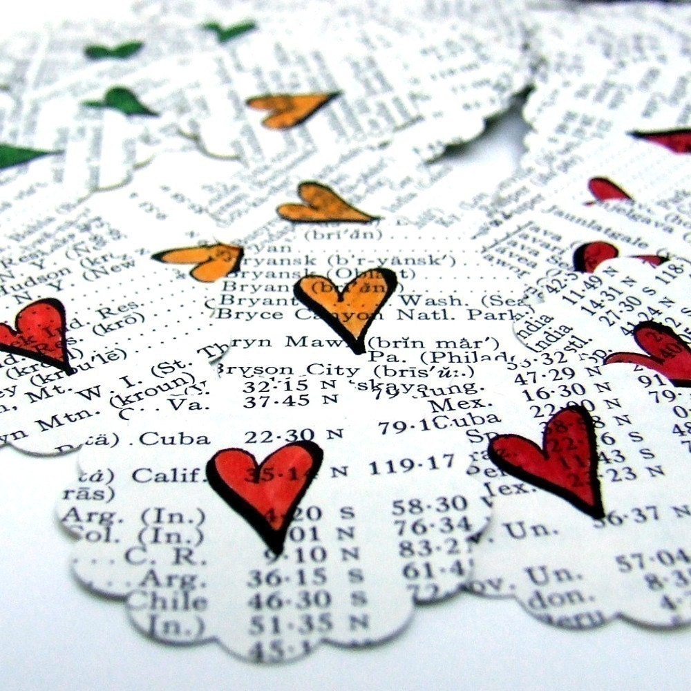 Heart Stickers, 20 hand drawn heart stickers handmade with recycled vintage atlas paper by KisforCalligraphy seal your love notes