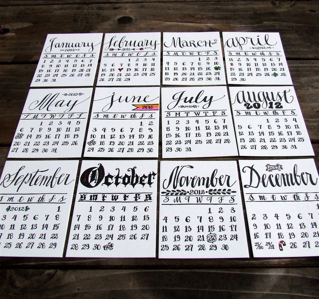 Limited Quantity, 2012 Letterpress Calendar, Mini Calligraphy Desk Calendar, makes a super New Year's Hostess Gift, Seconds SALE