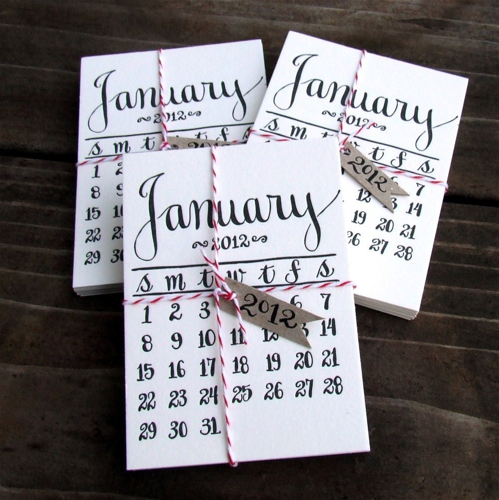 Limited Quantity, 2012 Letterpress Calendar, Mini Calligraphy Desk Calendar, makes a super New Year's Hostess Gift, Seconds SALE