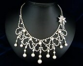 Vintage Bridal Bib, Rhinestone and Pearl Wedding Necklace, Brooch, Flower, Crystal  -  The Mia