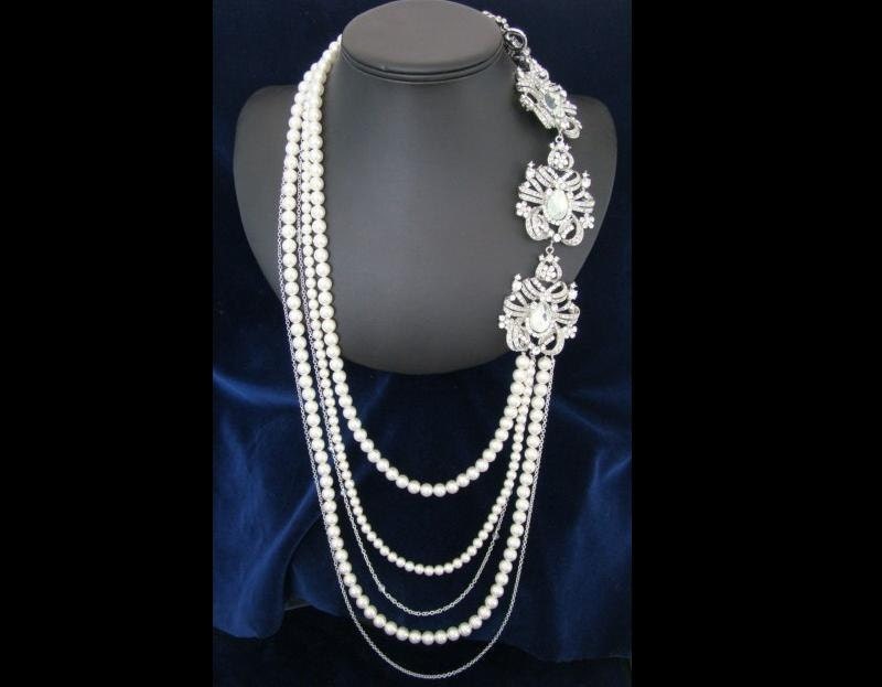 Brooch Bridal Necklace, Long Pearl Wedding Necklace, Rhinestone and Chain, Crystal  -  The Vignette