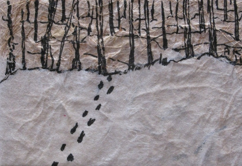 Miniature pen and ink drawing: footprints in the snow - AKandKO