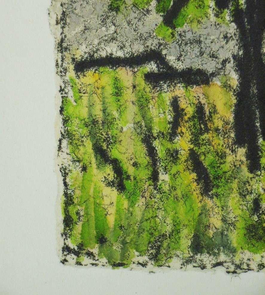 japanese washi monotype and watercolor tree painting
