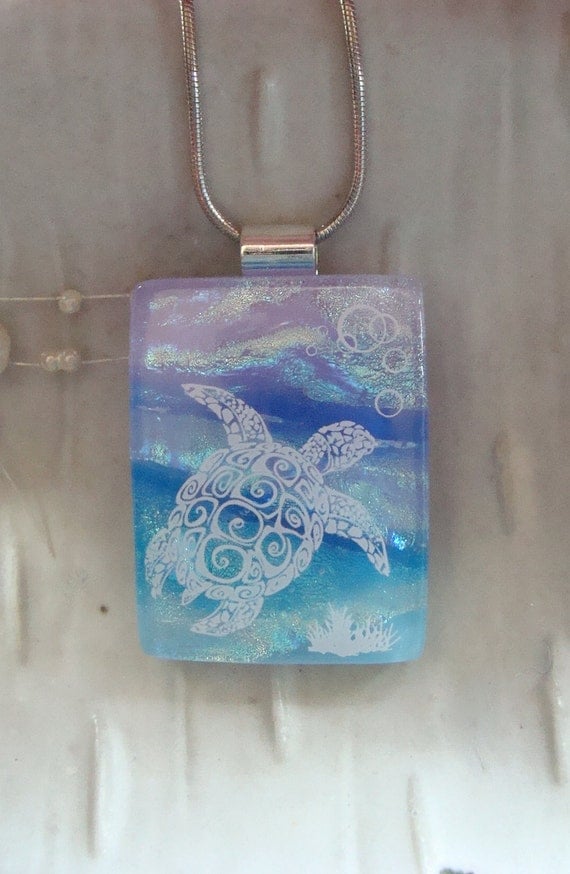 Dichroic Fused Glass Pendant, Necklace, Enamel, Turtle, Sea, Blue, Aqua, Silver, Necklace Included, One of a Kind