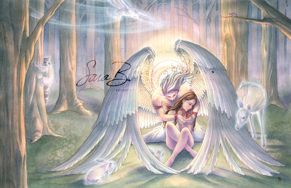 Guardian Angel Art Print - Broken Hearted Woman - Animal Spirits - Sympathy or Healing Art