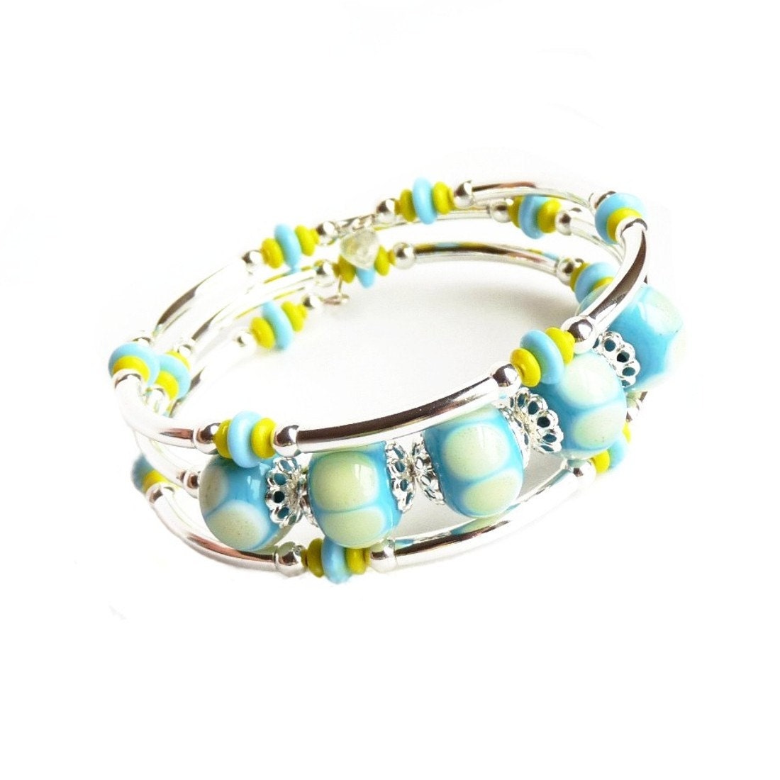 Lampworked  Glass, Silver Memory Wire Bracelet, Handmade Jewelry