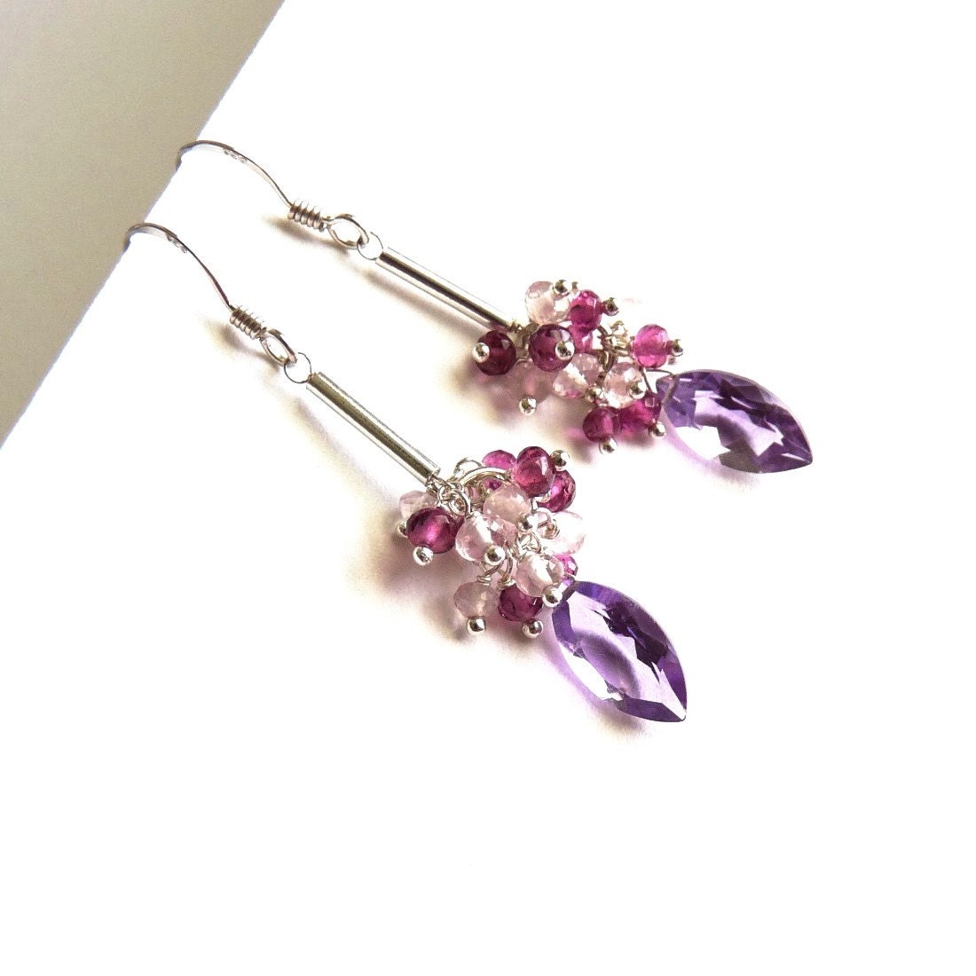 Purple Amethyst, Pink Tourmaline, Rose Quartz, Sterling Silver Earrings, Handmade Jewelry