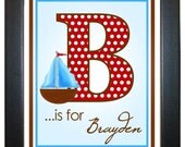 Sailboat Wall Print, 8 x 10, Wall Art, Boat, Transportation, boys, custom, Name, Initial,Children, Kids, Bedroom, Playroom, Artwork Il_170x135