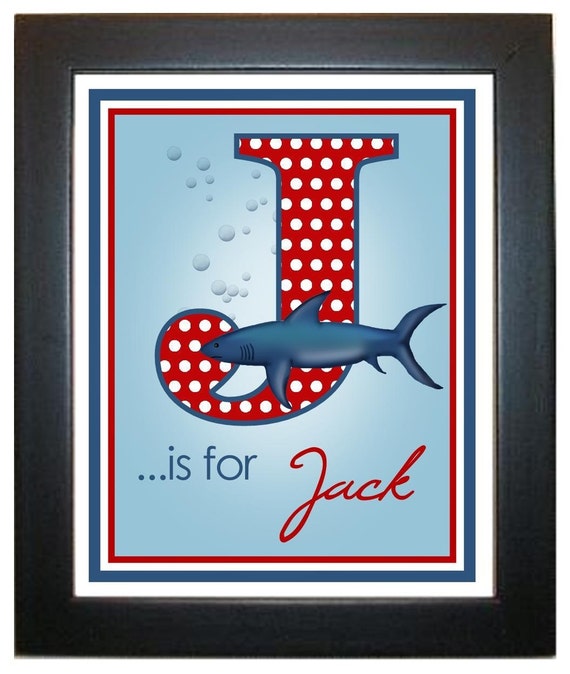 Shark Wall Print, 8 x 10, Wall Art, Shark, Ocean, Under the Sea, custom, Name, Initial, Monogram, Children, Kids, Bedroom, Playroom, Artwork Il_570xn