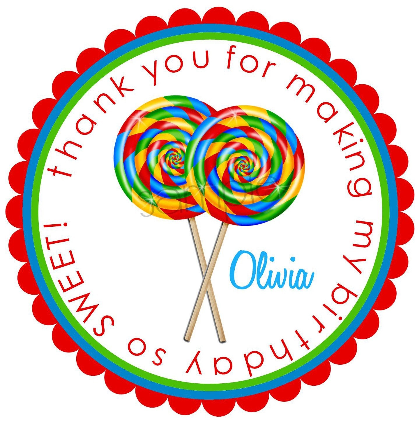 Personalized Lollipop stickers, Sweet Shop Lollipop, PRIMARY COLORS, labels, favor, Birthday, party, children, kids, set of 12 Il_570xn