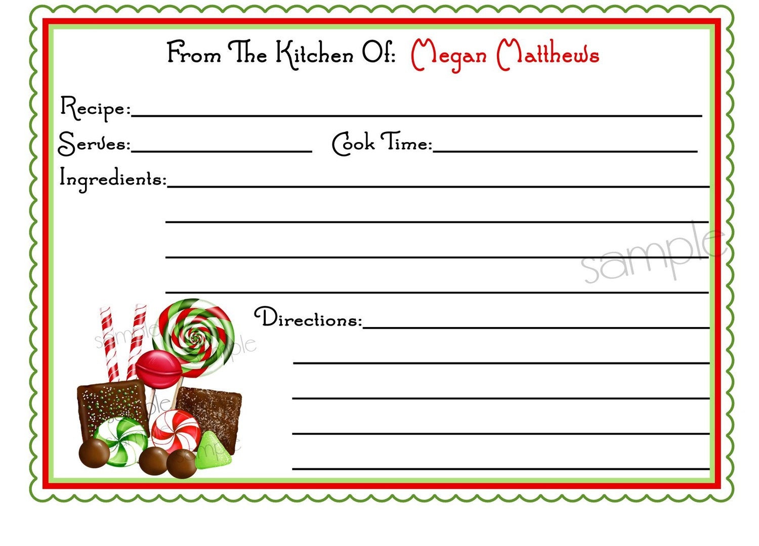 Personalized Recipe Cards, Christmas Candy, Lollipop, Candy Cane, Chocolate, Holly, Christmas, Holiday, Cooking, Baking, Kitchen, set of 12 Il_570xn