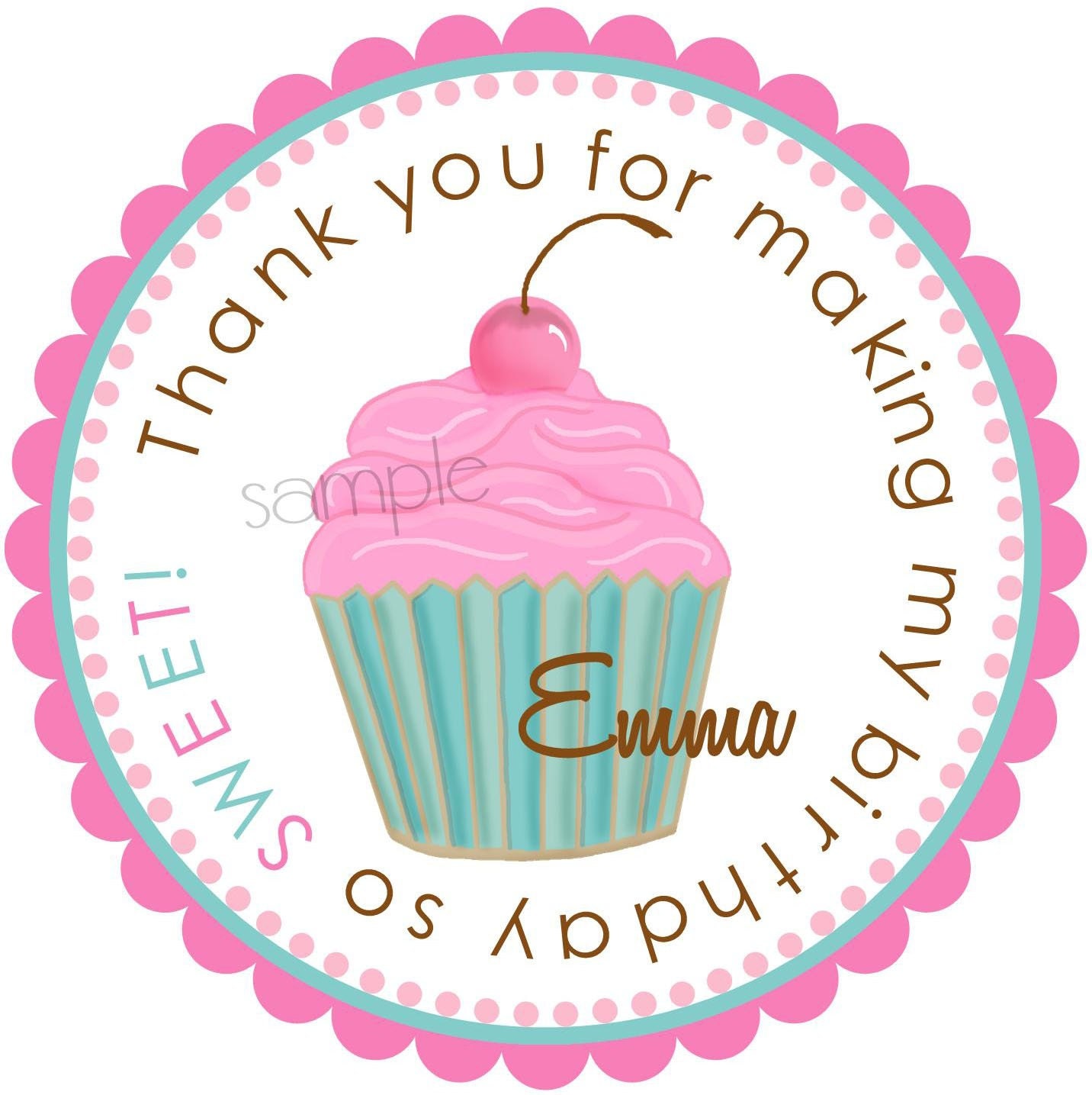 Cupcake stickers, Pink, Cherry Cupcake, Birthday party, blue, labels, tags, seals, birthday, gift, favor, set of 12 Il_570xn