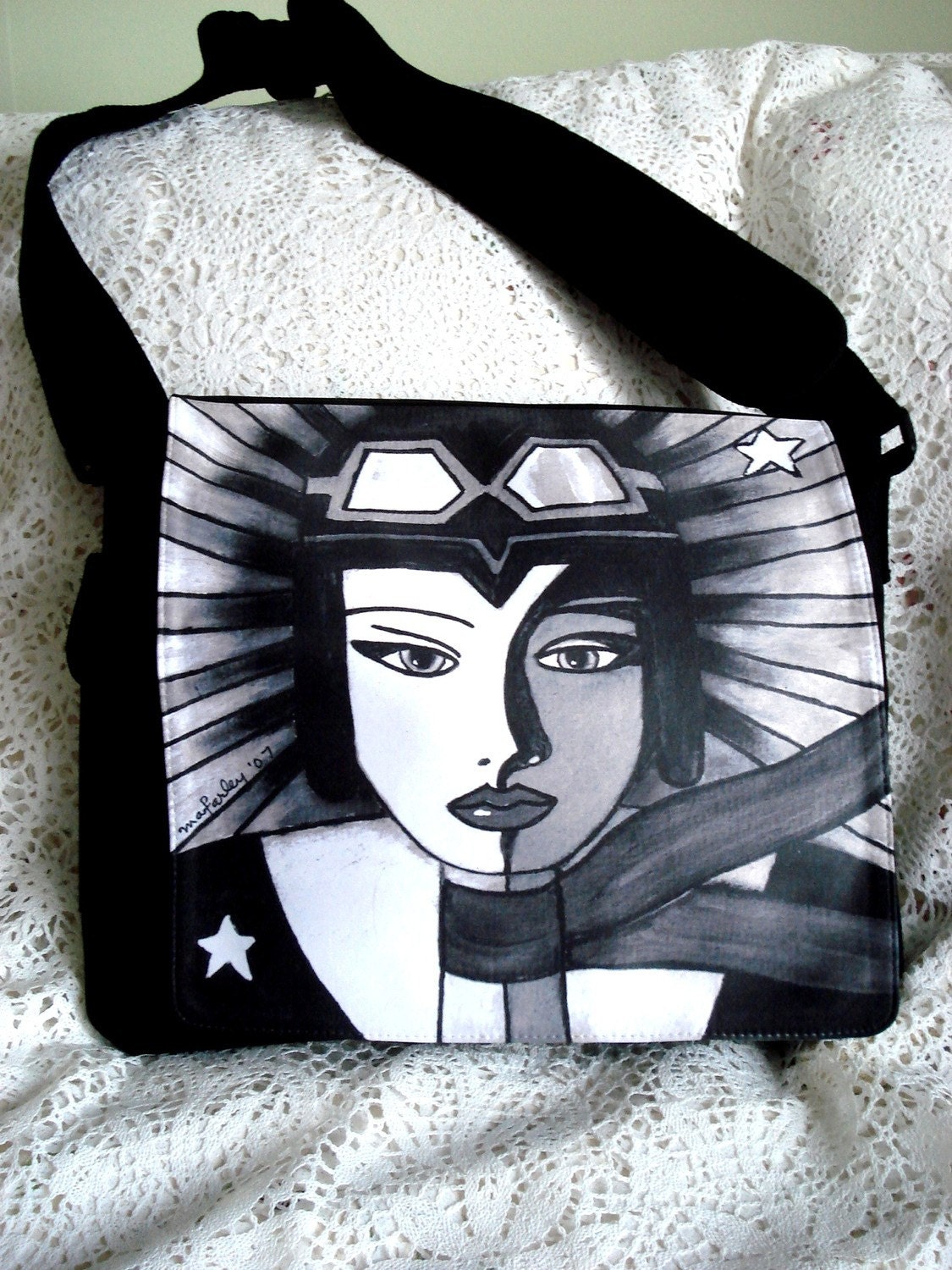 Canvas Messenger Bag, Crossbody Nylon Canvas Bag, Girl Art Aviator, Female Aviator, Black White - maryannfarley