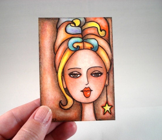 Mod Girl Art ACEO ATC Art Print, Giclee Art Print, Whimsical Original Art Print Illustration Art, Retro Beehive