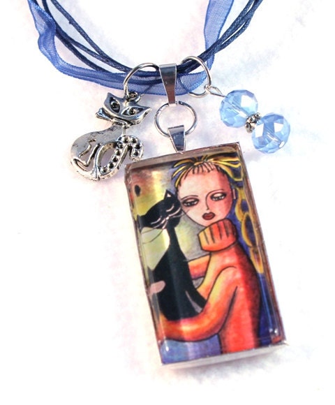 Silver Cat Jewelry, Cat Necklace, Black Cat and Girl Art Pendant Charm Necklace, Ribbon or Black Cord, Beaded, Original Art Print, Orange
