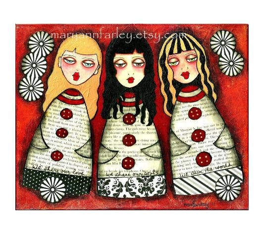 Whimsical Girls Art Print, 8 x 10, Whimsical Original Mixed Media Print, Red