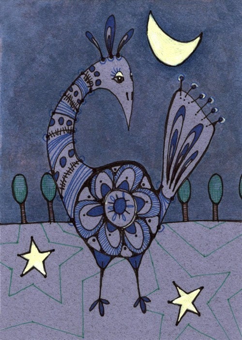 A Blue Bird Standing in the Twilight Dreaming - ACEO mini print