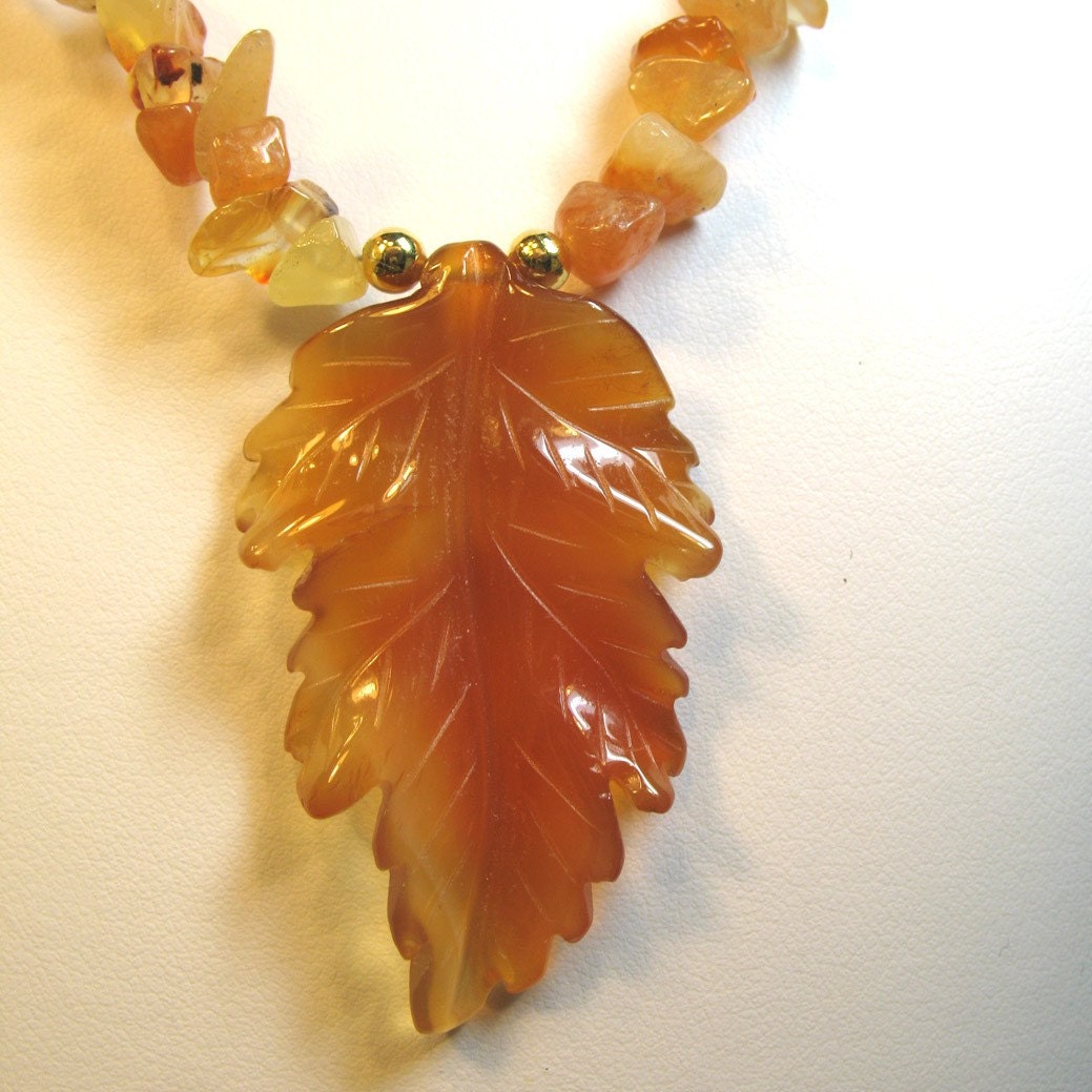 Ginger Orange Stone Leaf and Chips Necklace OOAK