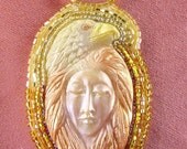 Eagle Spirit Woman's Face Polymer Clay Bead Embroidered Necklace Golden Colored
