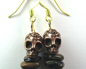 Copper Skull Beads on Tigereye Chips Halloween Dangle Earrings