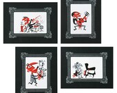 Jim Flora MUSICIAN Letterpress Print Set of 4 in Black Letterpress Vignettes Guitar, Drummer, Saxophone, Piano