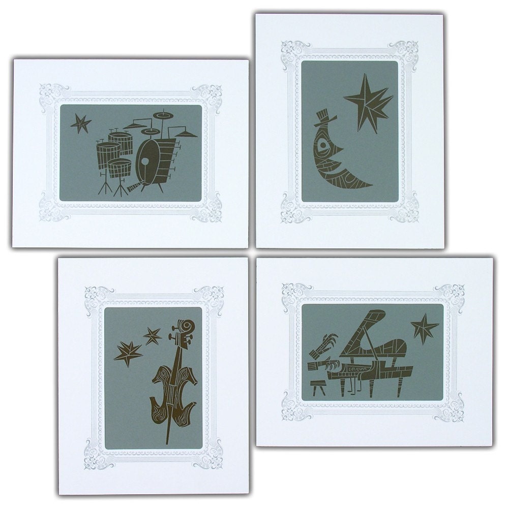 JIM FLORA's 4 STARDUST Musical Insturment Letterpress Prints in White Vignette Mat