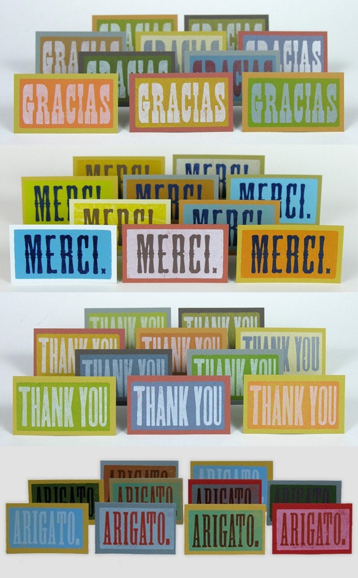 4 packs of THANK YOU in 4 languages Gracias, Merci, Arigato, and Thank You 10 Mini Cards with Envelopes Hand Printed Letterpress 40 Cards