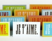 JE T AIME I Love You Letterpress Wood Type Mini Cards and Envelopes 20 Pack