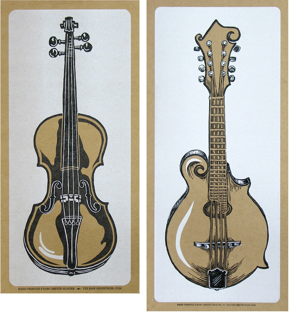 THREE INSTRUMENT PRINTS Hand Printed Letterpress Posters Fiddle Banjo Mandolin