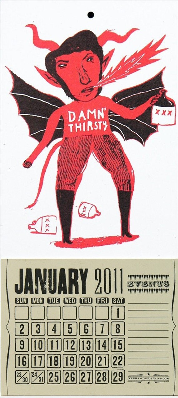 1 THIRSTY DEVIL MOONSHINE MINI CALENDAR 2011 HAND PRINTED LETTERPRESS