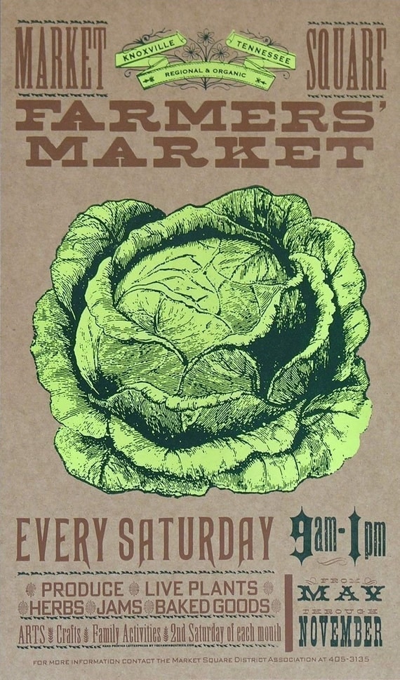 FARMERS MARKET CABBAGE or Lettuce Fresh Produce Hand Printed Letterpress Poster