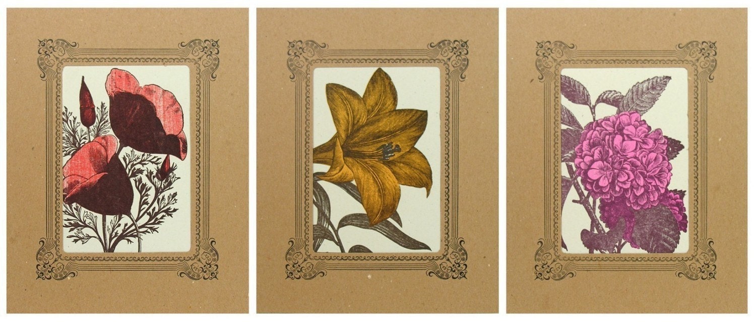 POPPY LILY HYDRANGEA letterpress printed Flowers in Kraft Vignettes 3 Prints