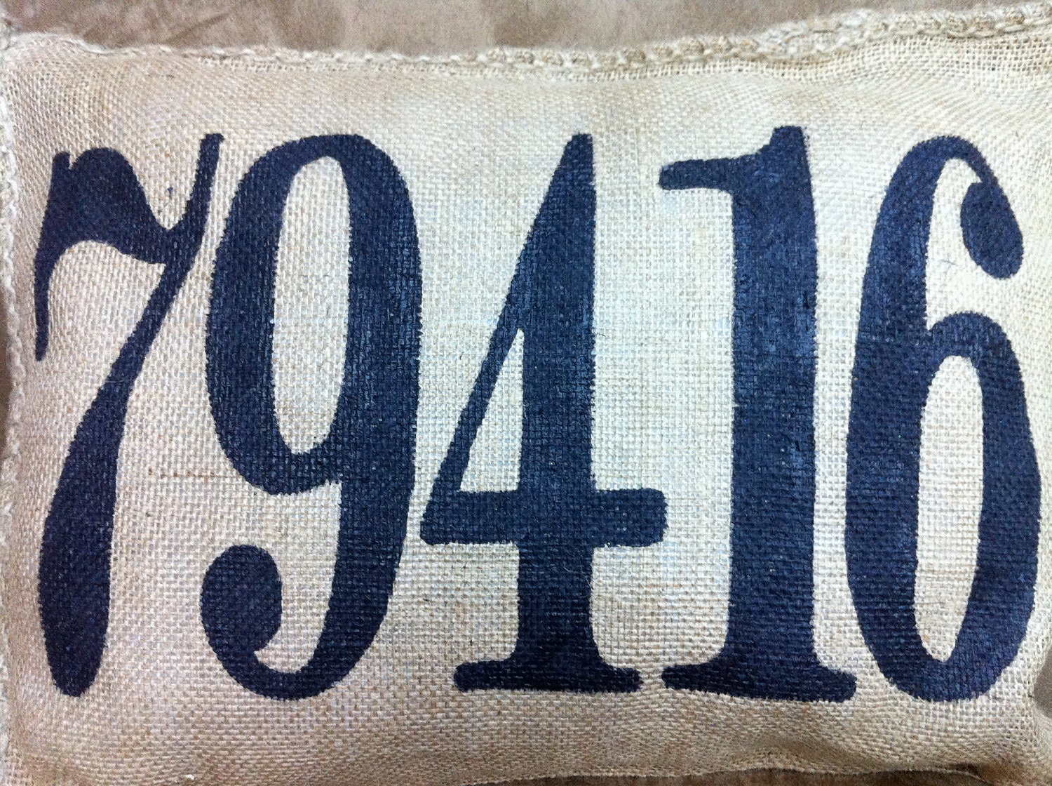 Burlap Charley Pillow - put your custom zip code here