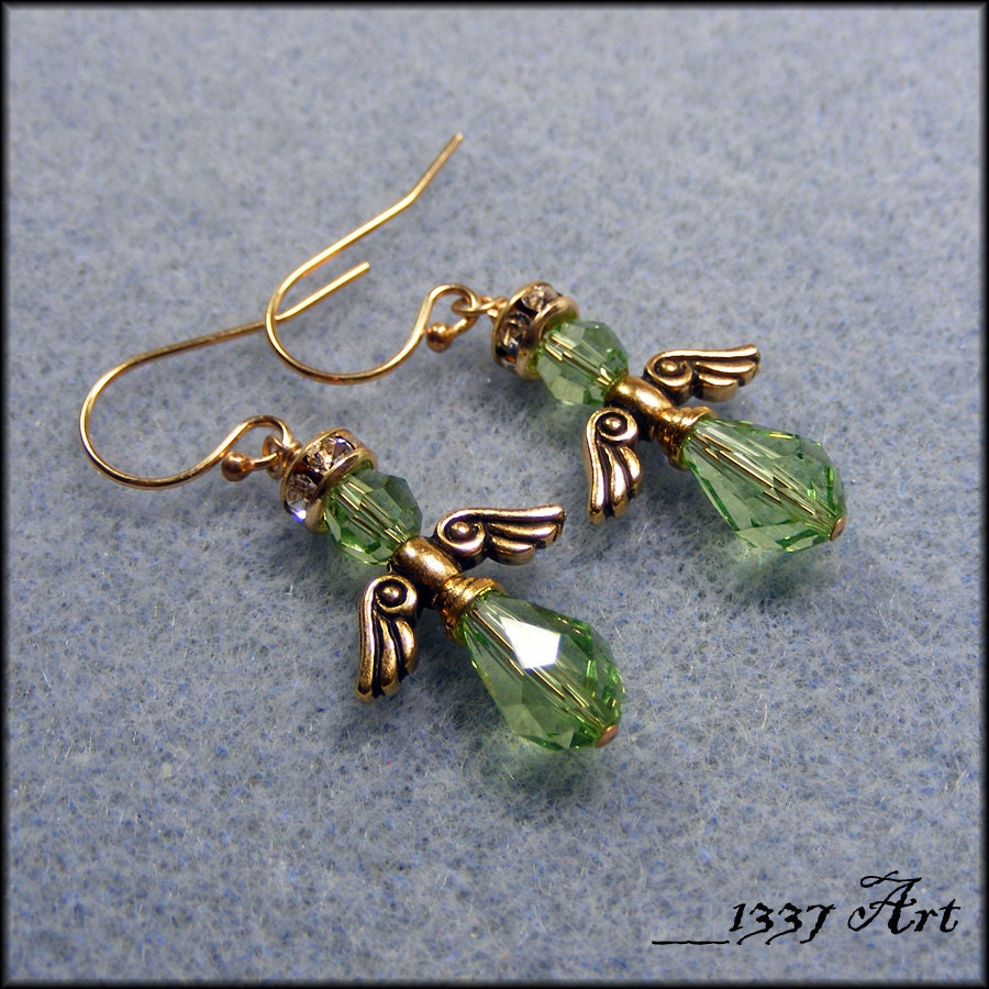 Angel Earrings / Peridot Birthstone Jewelry / Peridot Angel / Christmas Earrings / Gold Angel Earrings / Religious Earrings / Jewelry