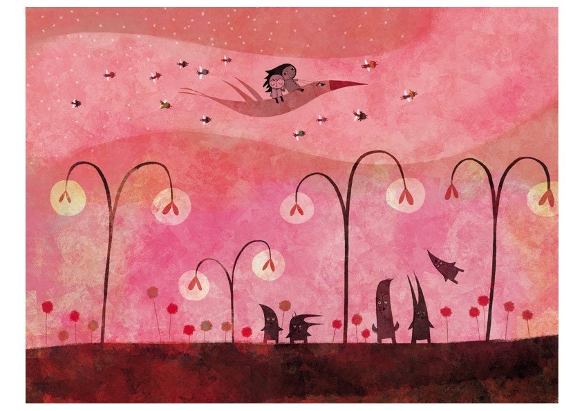 Art print, Among the fairies, in the pink sky