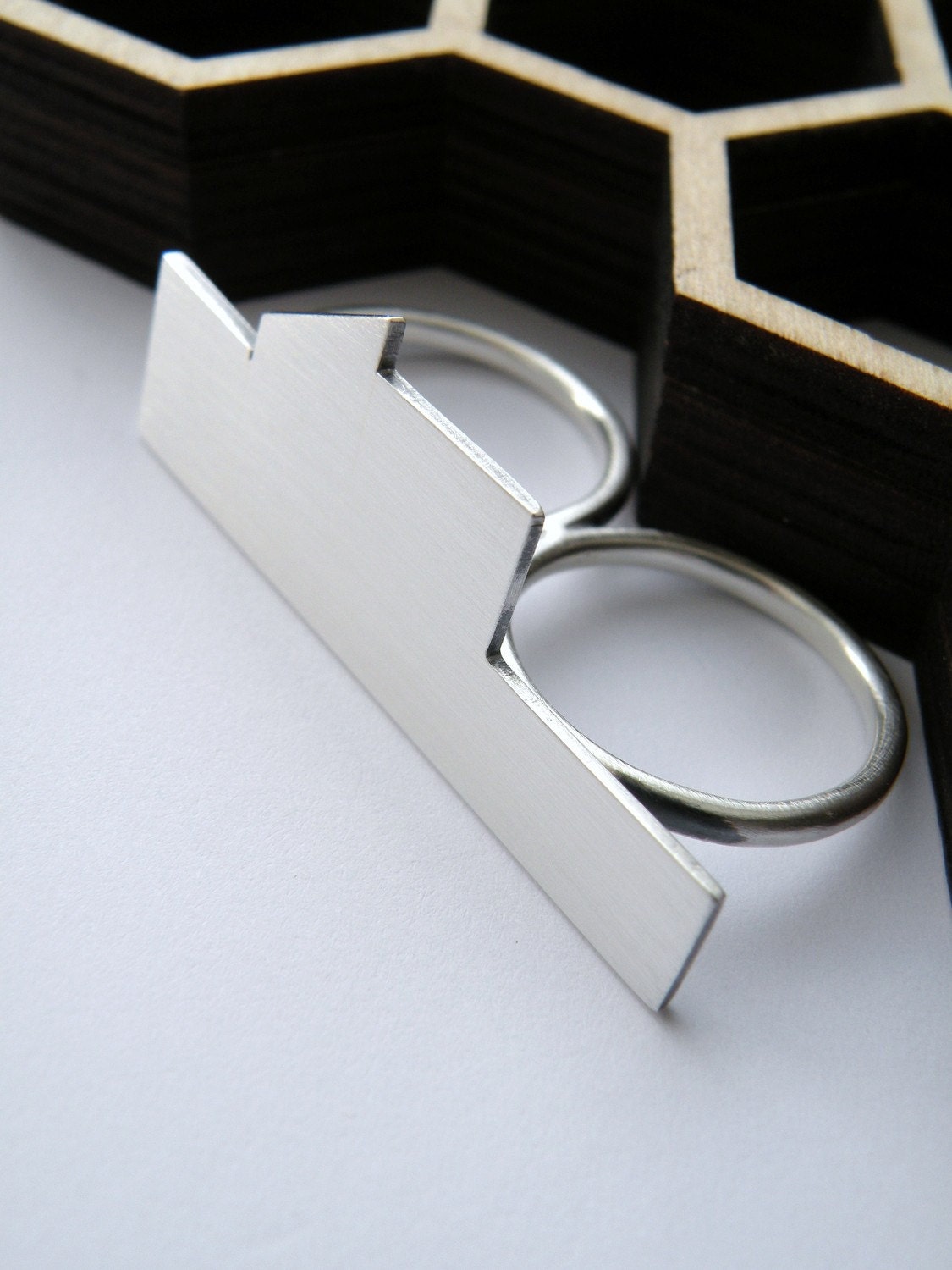 Warehouse II - modern double finger knuckle duster silver ring