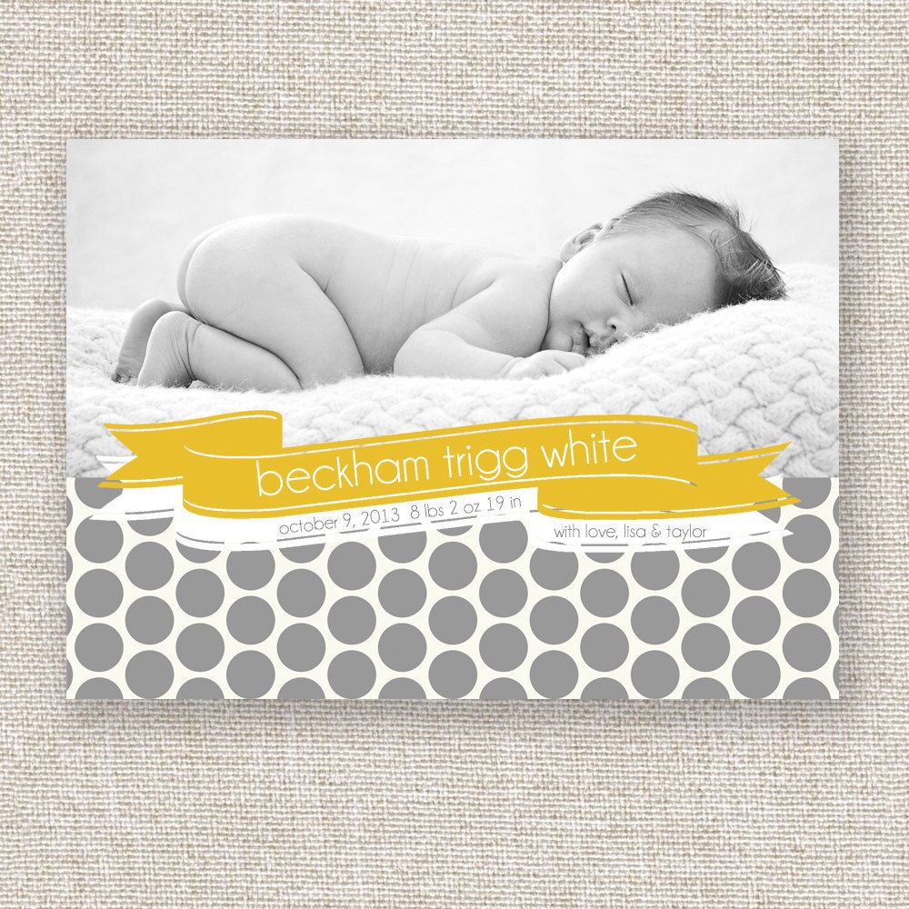 Birth Announcement, Gray and Yellow Birth Announcement, Photo Card, Modern, Polka dots, Custom Birth Announcement, Printable