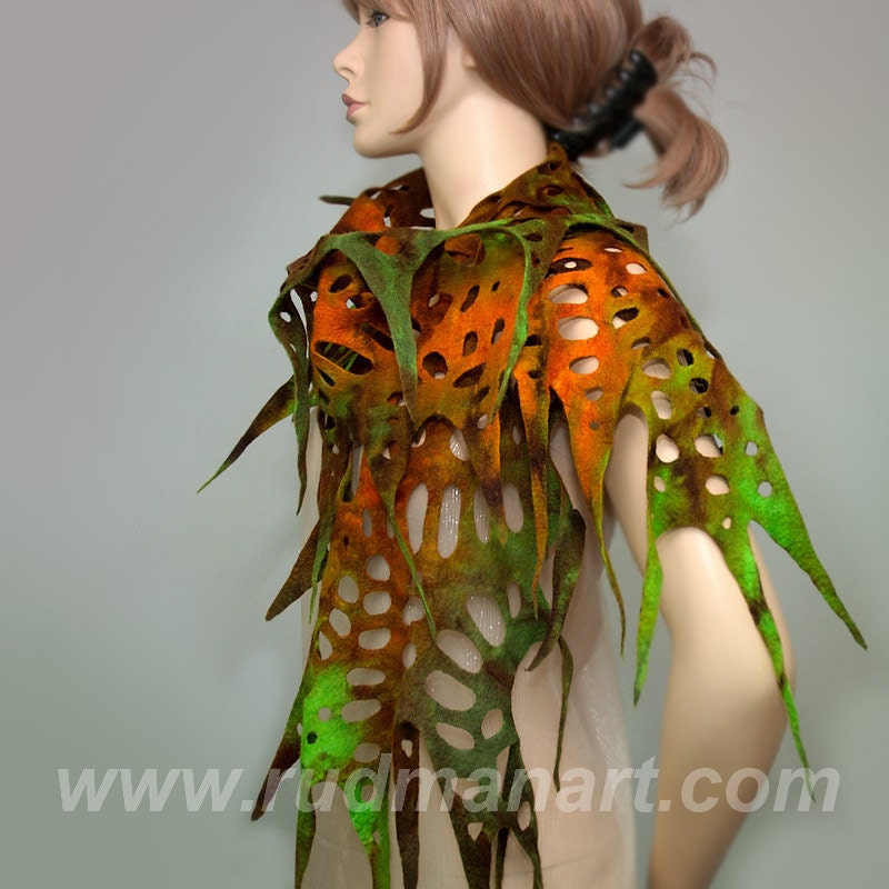 Felted Scarf Wool Silk Art hand dyed shredded scarf Multicolor Forest Lime Brown Rusty